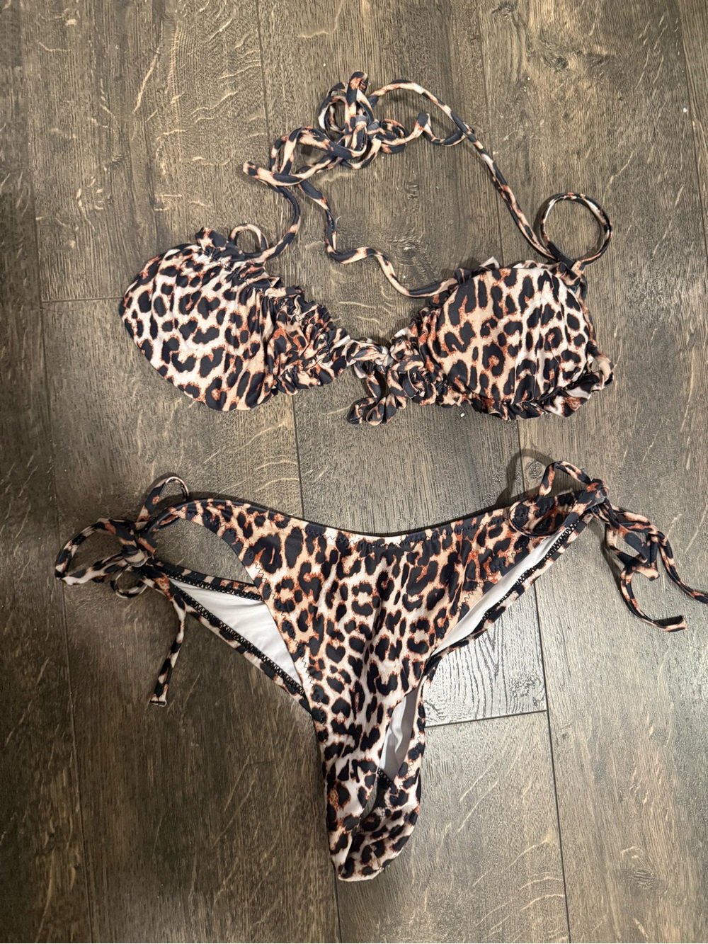 SHEIN Leopard Print Tie-Side Bikini Set - Brown/Black